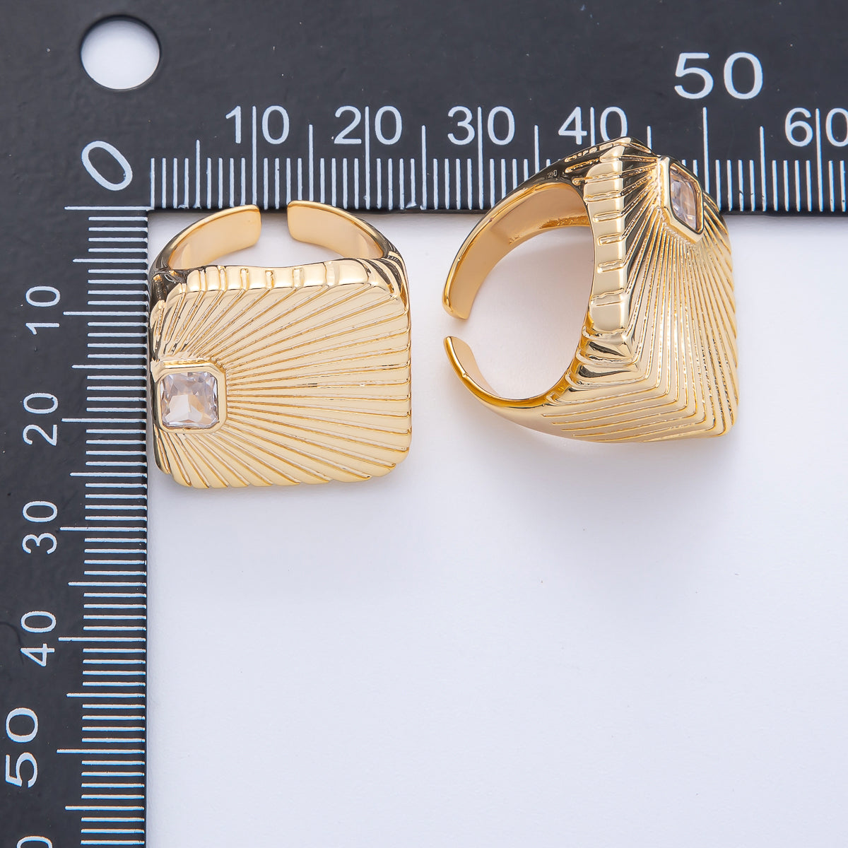 18K Gold Filled Green, Red, Clear Fuchsia Baguette CZ Sunburst Ribbed Signet Ring | O801 O802