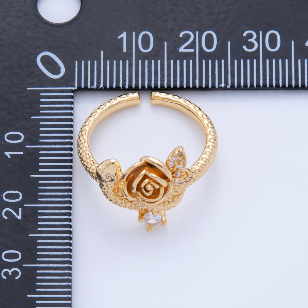 18K Gold Filled CZ Rose Flower Hammered Textured Ring | O2023