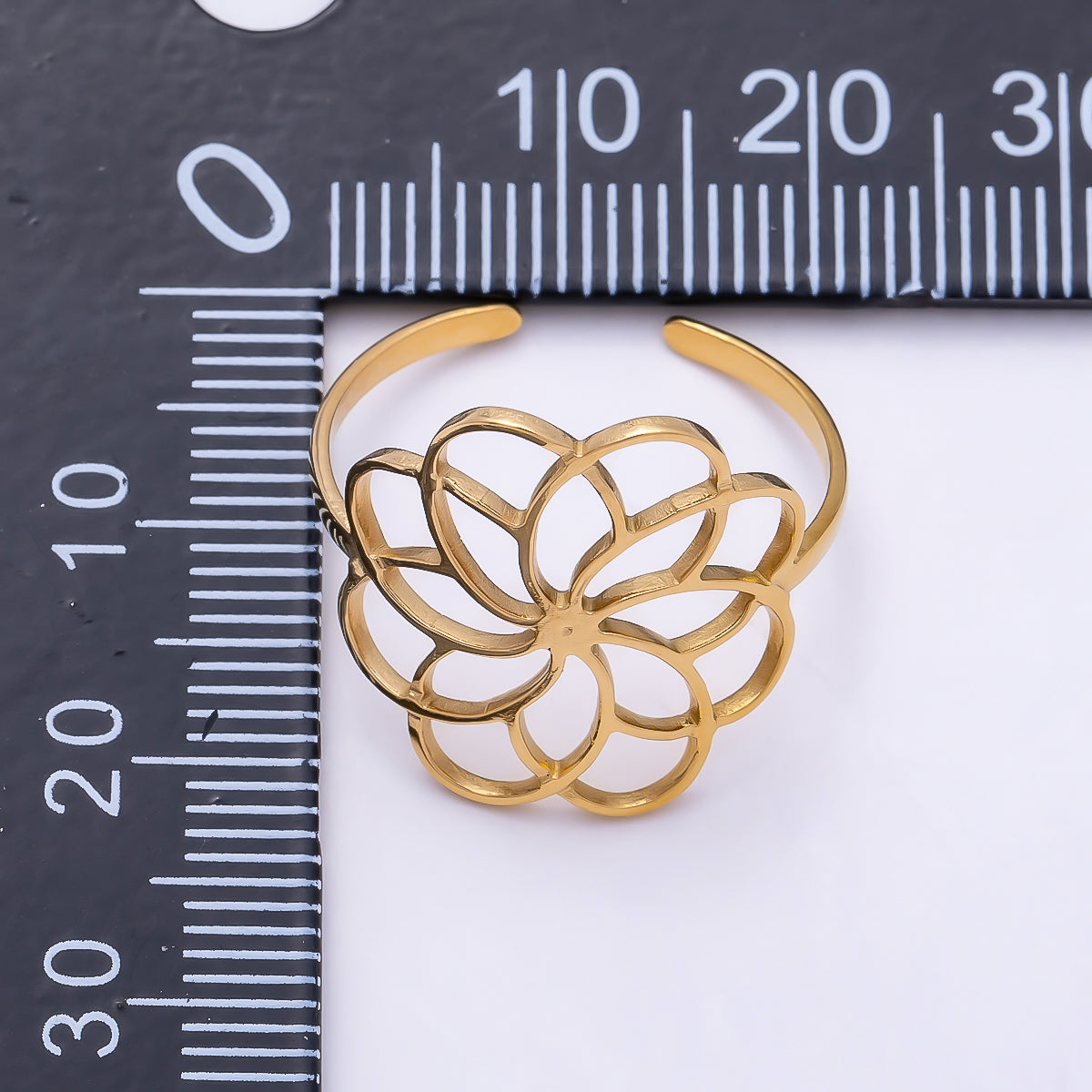 PVD Gold Stainless Steel Open Minimalist Flower Statement Ring | Rings-00323