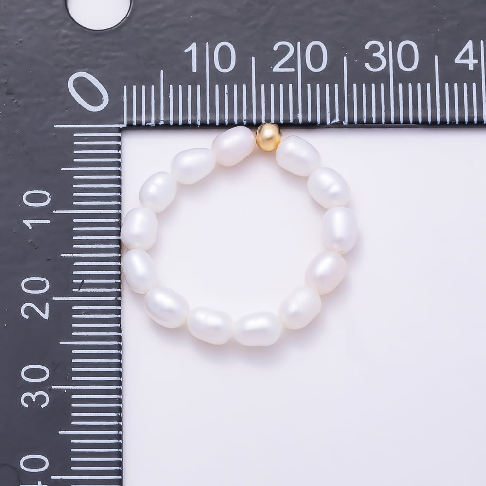 16K Gold Filled White Freshwater Pearl Ringed Oval Bead Adjustable Stretch Ring | Rings-00421