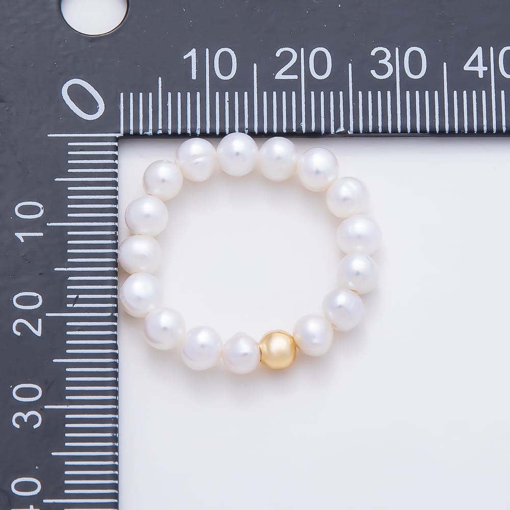 16K Gold Filled White Shell Pearl Round Bead Adjustable Stretch Ring | Rings-00422