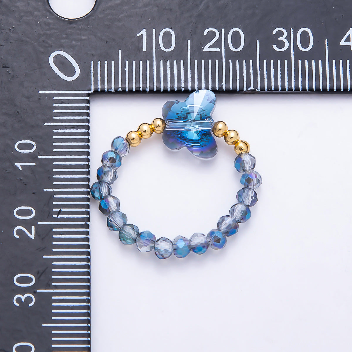 16K Gold Filled Pink, Dark Blue, White, Purple, Black, Green, Blue, Grey Multifaceted Crystal Gemstone Bead Butterfly Stretch Ring | Rings-00339 ~ Rings-00346