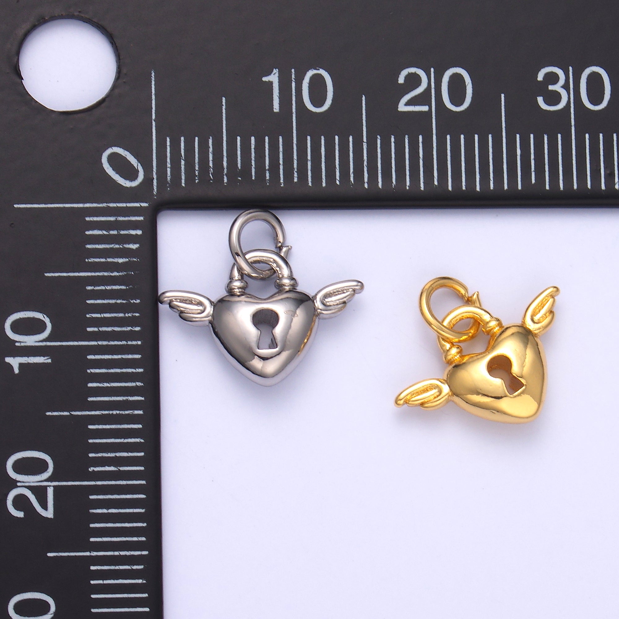 24K Gold Filled Padlock Heart Wings Charm in Gold & Silver | N070
