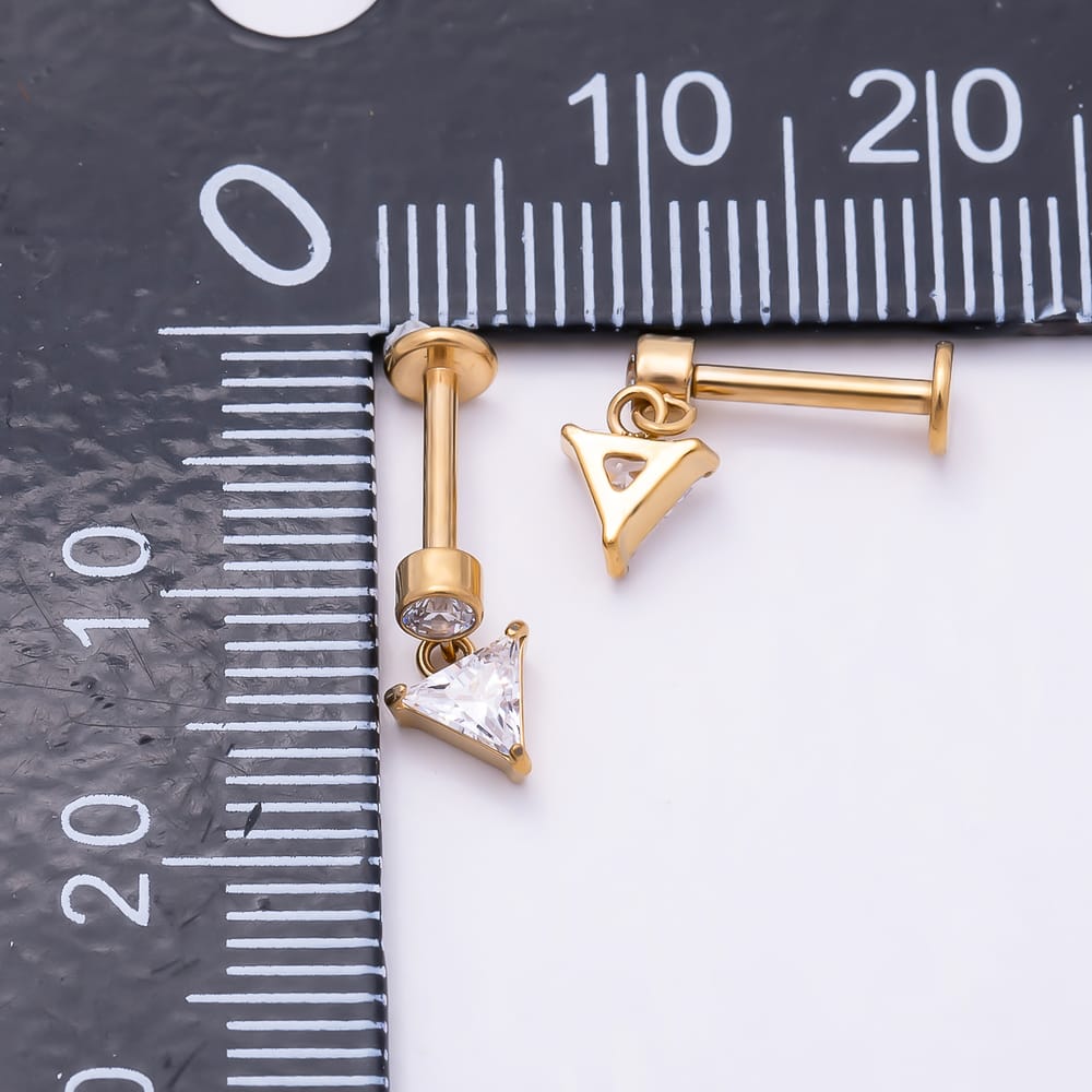 Titanium 10mm Clear CZ Round Triangle Drop Cartilage Piercing Flat Back Stud in Gold & Silver | BJ-00309 BJ-00310