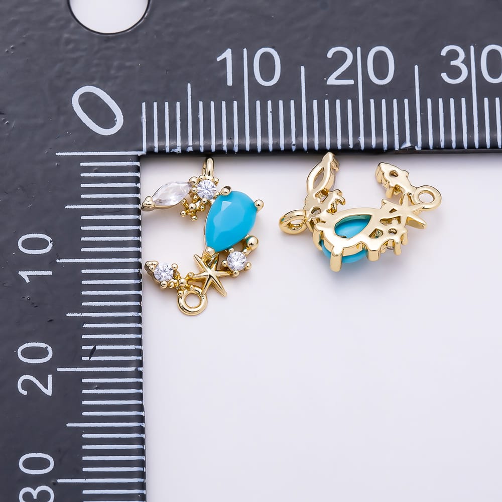 16K Gold Filled 14mm Turquoise Teardrop CZ Crescent Moon & Starfish Beach Connector Link | Connectors-00050 - Connectors-00051