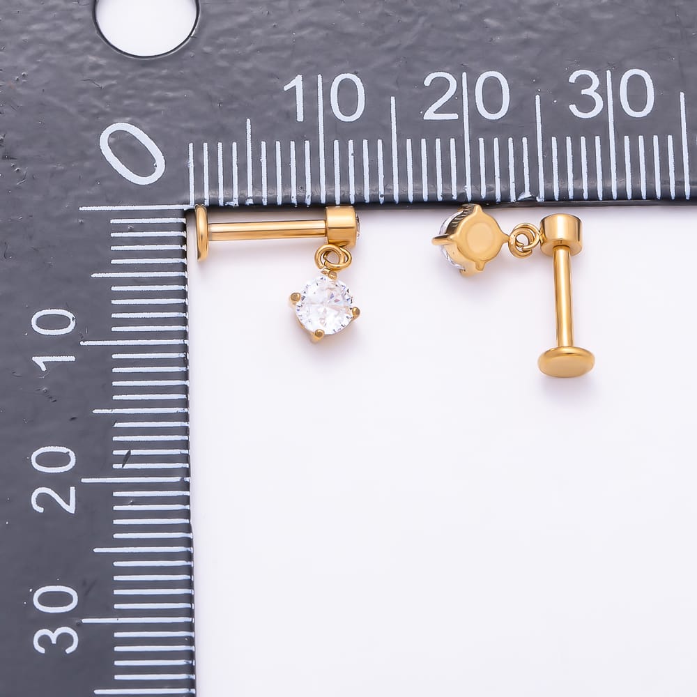 Titanium 11mm Clear CZ Round Drop Cartilage Piercing Flat Back Stud in Gold & Silver | BJ-00313 BJ-00314