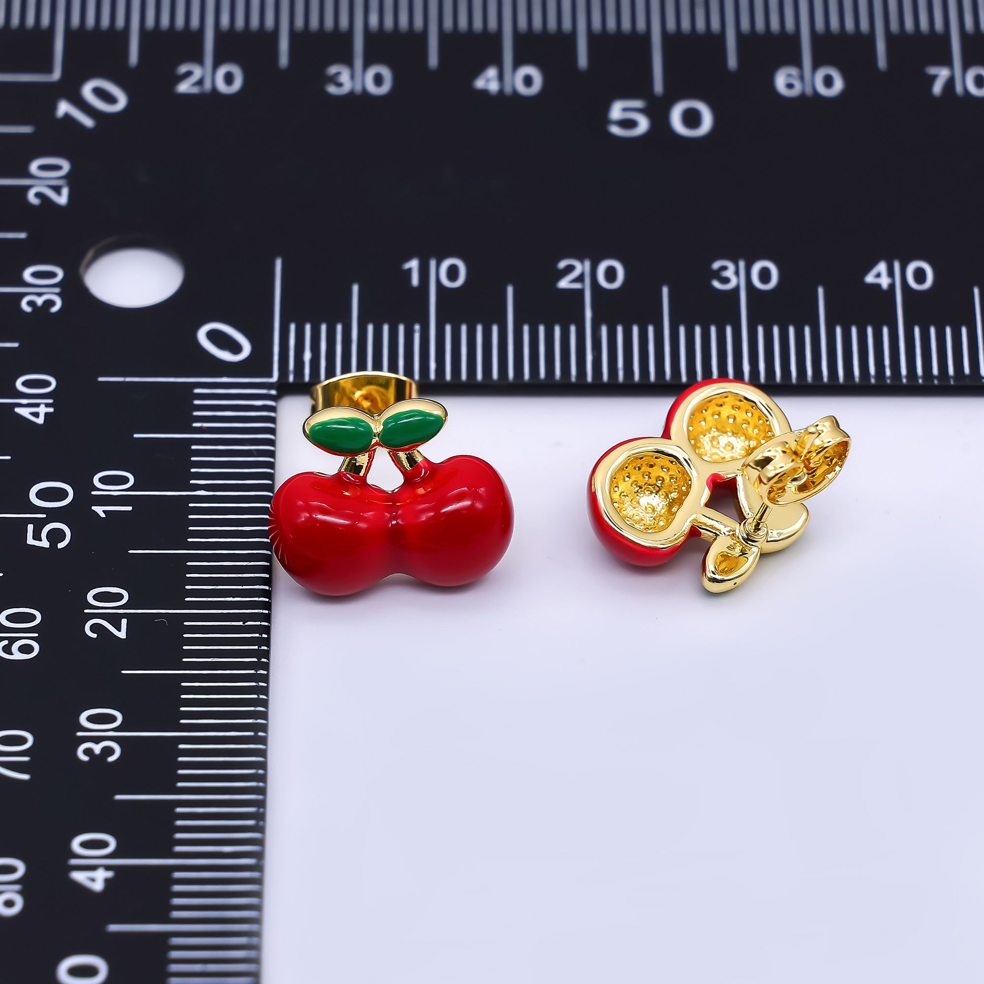 24K Gold Filled 12mm Red Enamel Cherry Fruit Stud Earrings | Q515