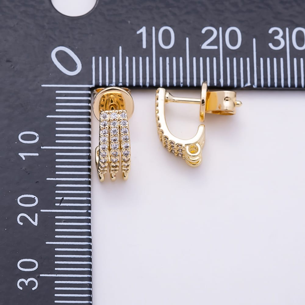 16K Gold Filled 13mm Triple Row Micro Paved Clear CZ Half Hoop Earring | Findings-00595