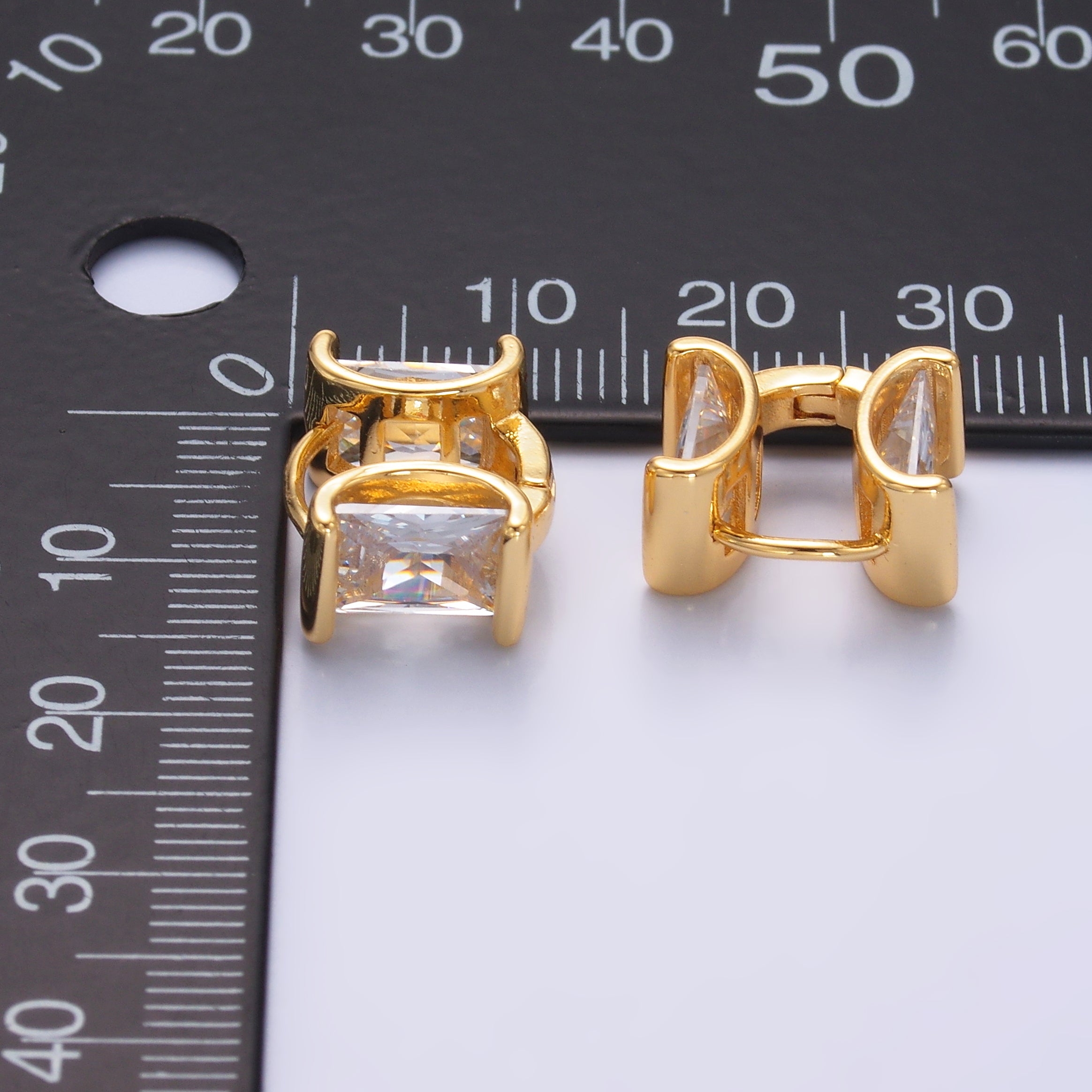 24K Gold Filled Clear CZ Baguette Double Sided Huggie Hoop Earrings | V524