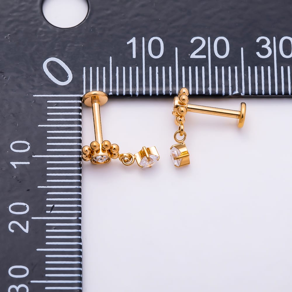 Titanium 12mm Clear CZ Round Bead Flower Drop Cartilage Piercing Flat Back Stud in Gold & Silver | BJ-00275 BJ-00276