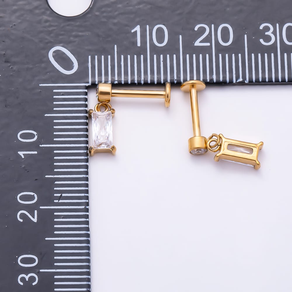 Titanium 12mm Clear CZ Round Baguette Drop Cartilage Piercing Flat Back Stud in Gold & Silver | BJ-00319 BJ-00320