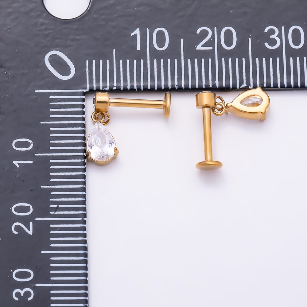 Titanium 13mm Clear CZ Round Teardrop Drop Cartilage Piercing Flat Back Stud in Gold & Silver | BJ-00315 BJ-00316