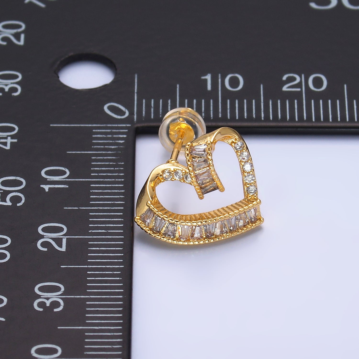 24K Gold Filled Baguette Micro Paved CZ Heart Stud Earrings Set | AB1021