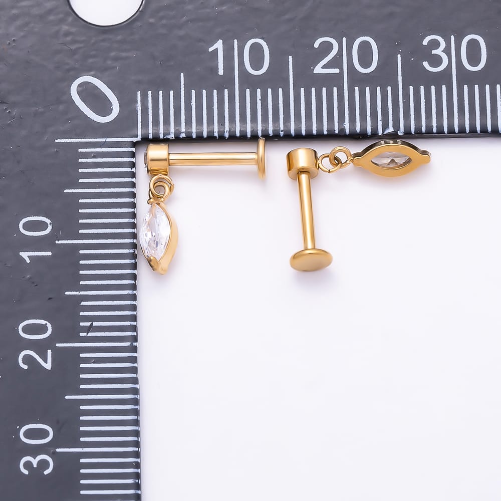 Titanium 13mm Clear CZ Round Marquise Drop Cartilage Piercing Flat Back Stud in Gold & Silver | BJ-00317 BJ-00318