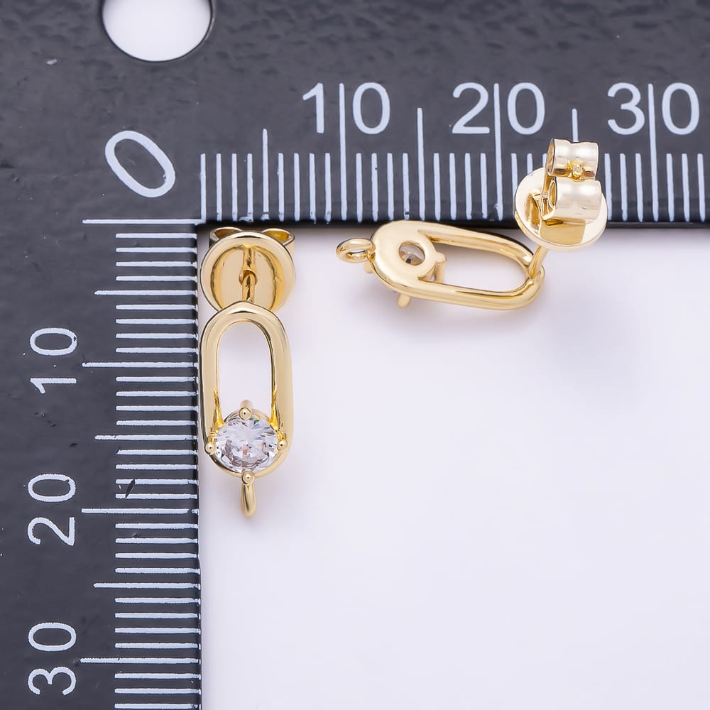 16K Gold Filled 14mm Clear CZ Round Paperclip Link Loop Drop Stud Earring Findings | Findings-00195