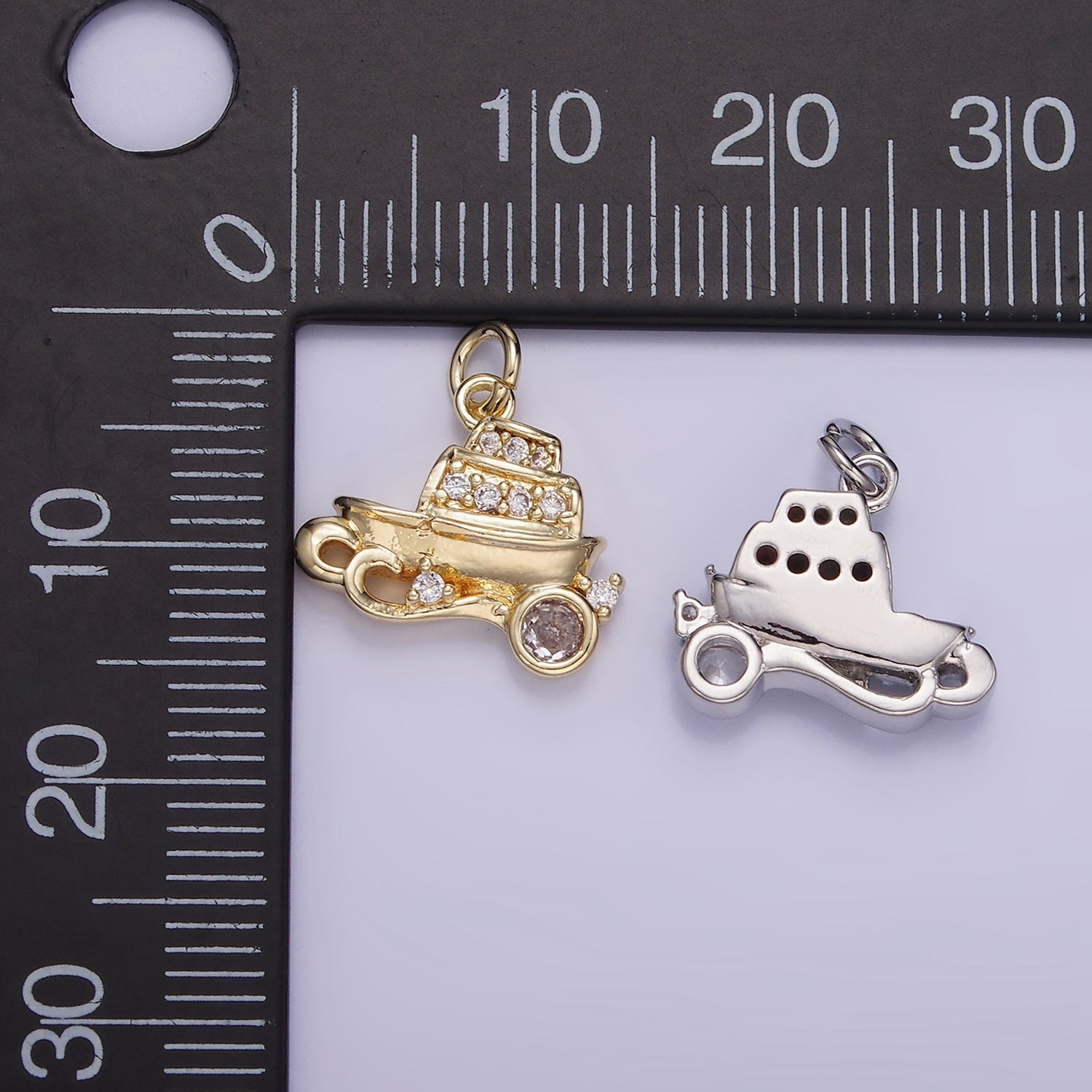 14K Gold Filled 14mm Vehicle Motor Sea Boat CZ Micro Paved Charm in Gold & Silver | W537