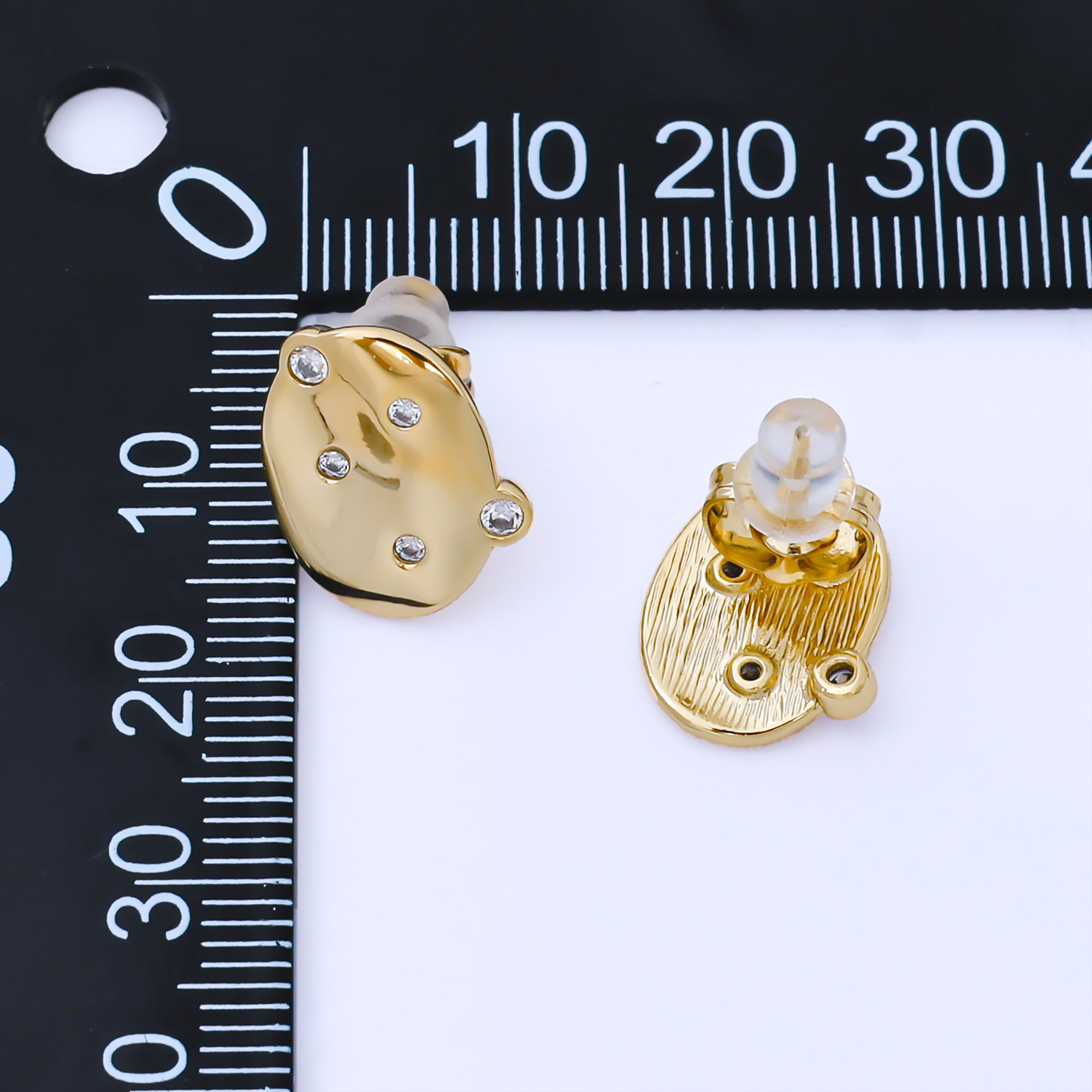 24K Gold Filled Clear CZ Dotted Hammered Oval Stud Earrings | AB1642