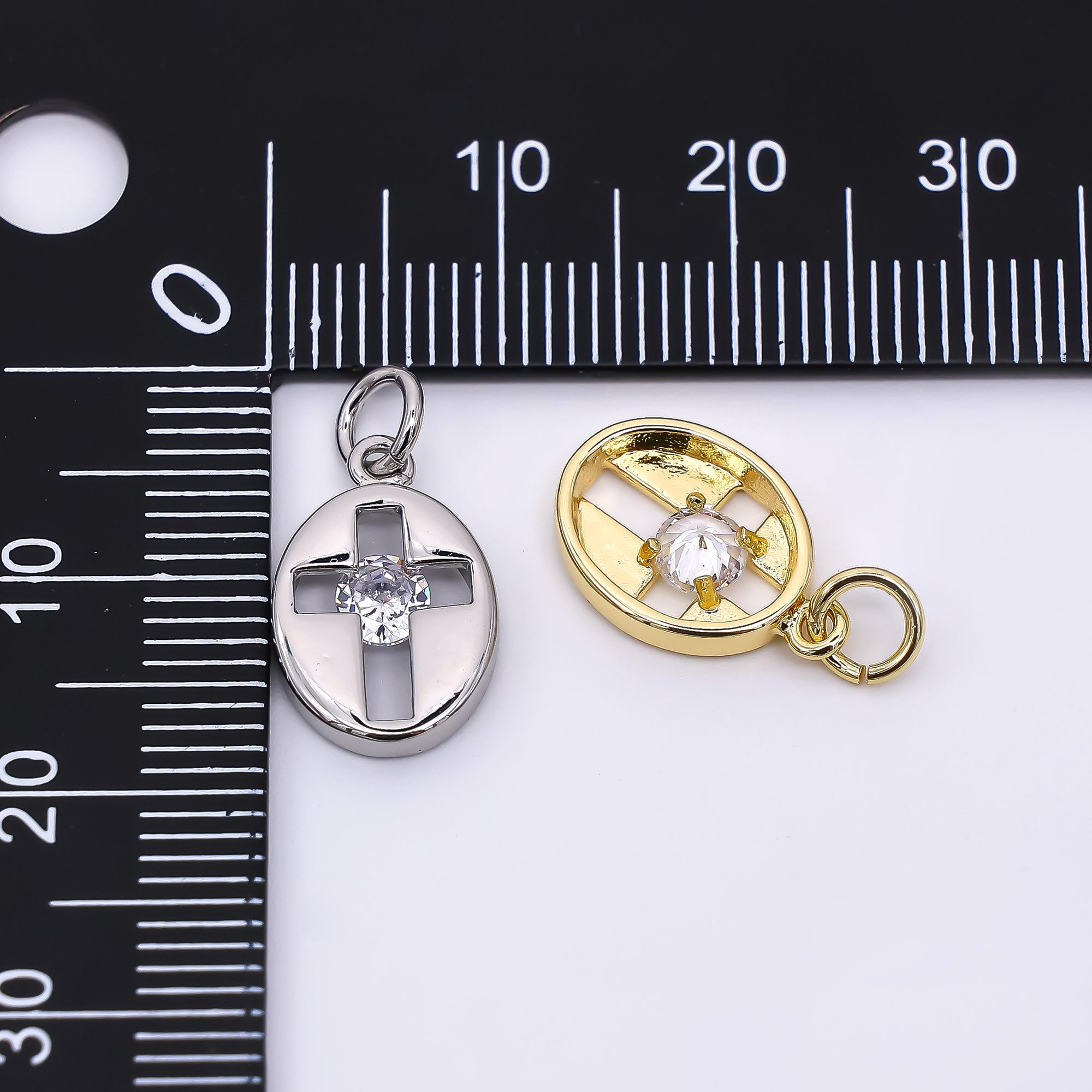 24K Gold Filled 14mm Round CZ Open Christian Cross Coin Charm in Gold & Silver | AC1598