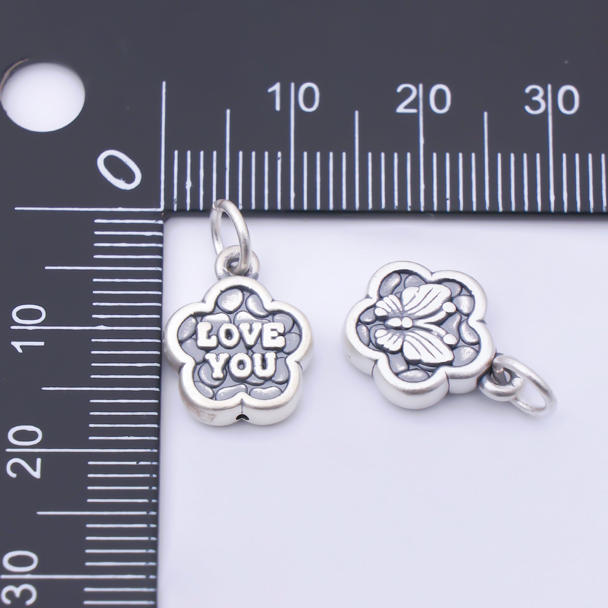S925 Sterling Silver 14.5mm "LOVE YOU" Textured Flower Charm | SL-704