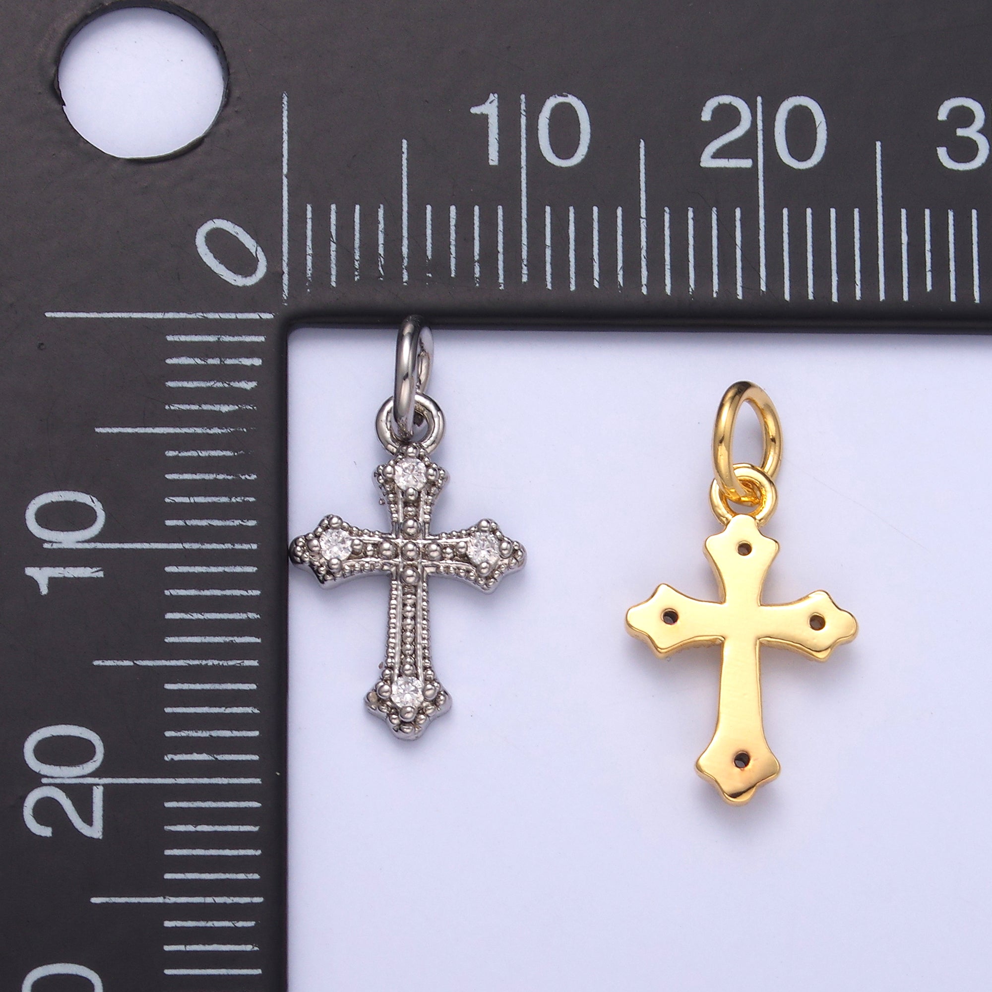 24K Gold Filled Clear CZ Dotted Passion Cross Charm in Gold & Silver | N071