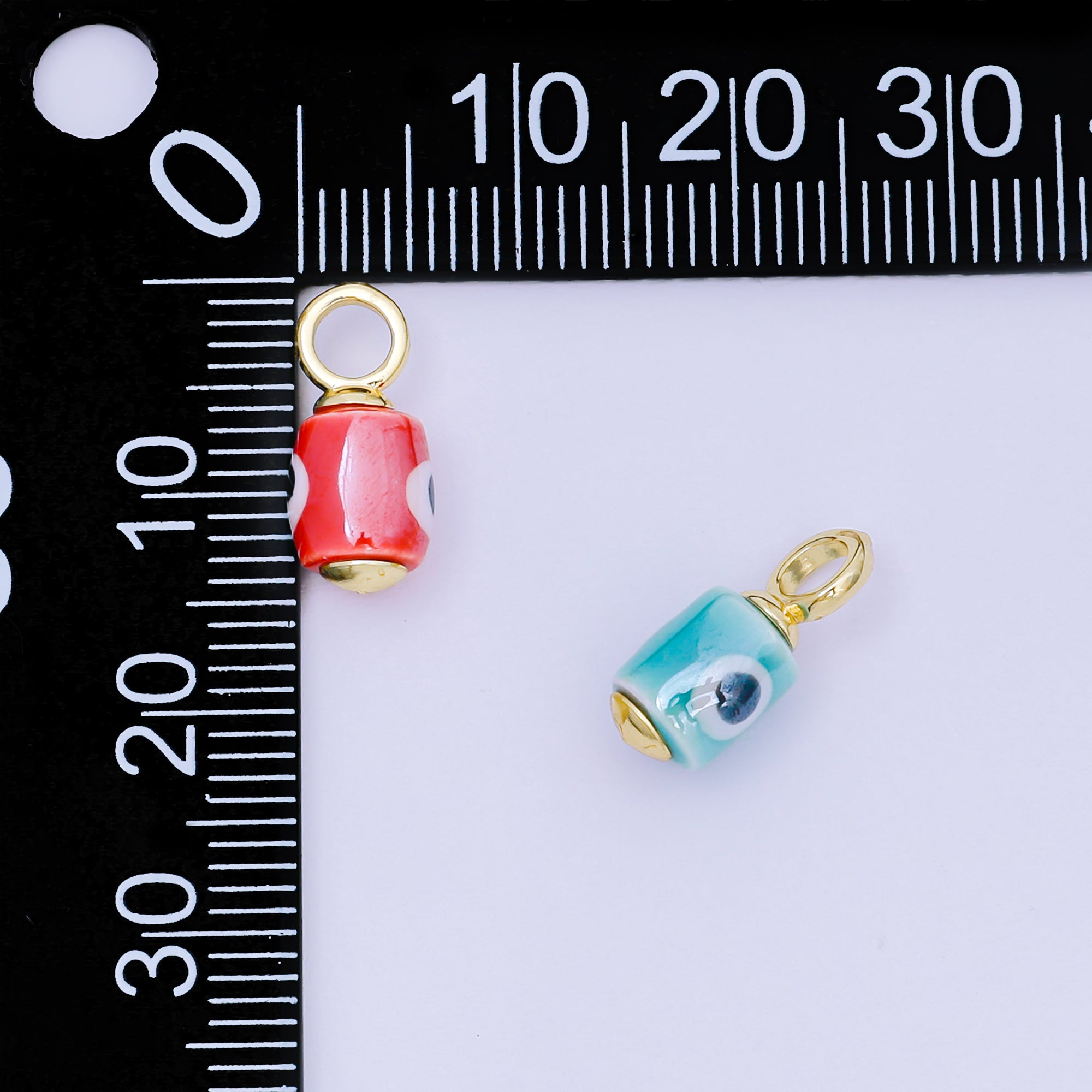 24K Gold Filled 15mm Blue, Yellow, Green, Orange, Pink, Red, Teal, White Evil Eye Tube Ceramic Porcelain Drop Charm | C943 - C947