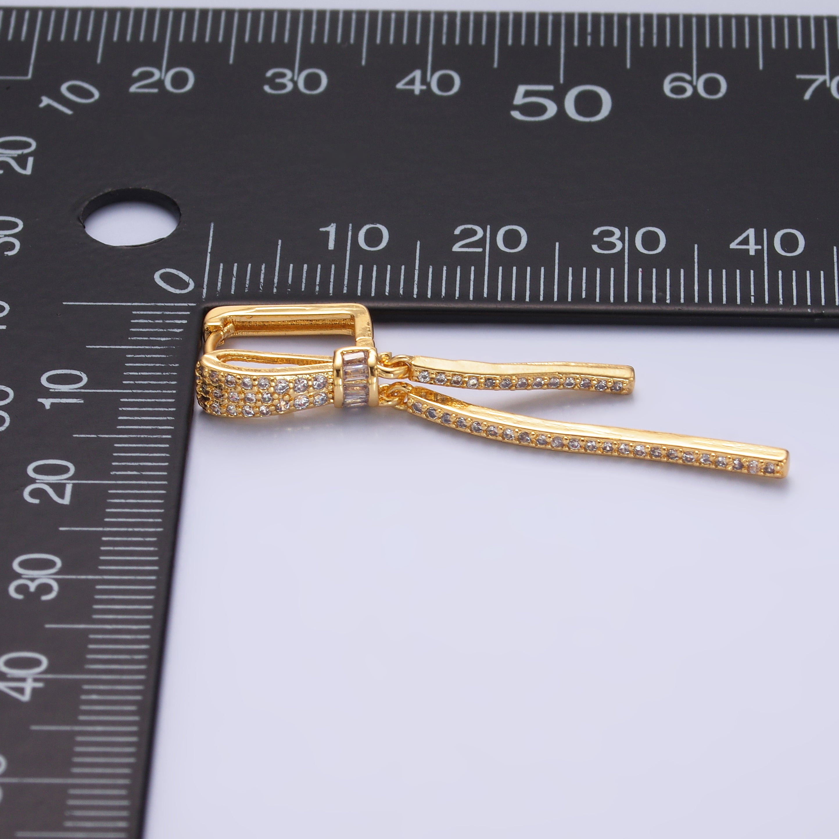 24K Gold Filled Baguette Micro Paved Drop Hoop Earrings | V501