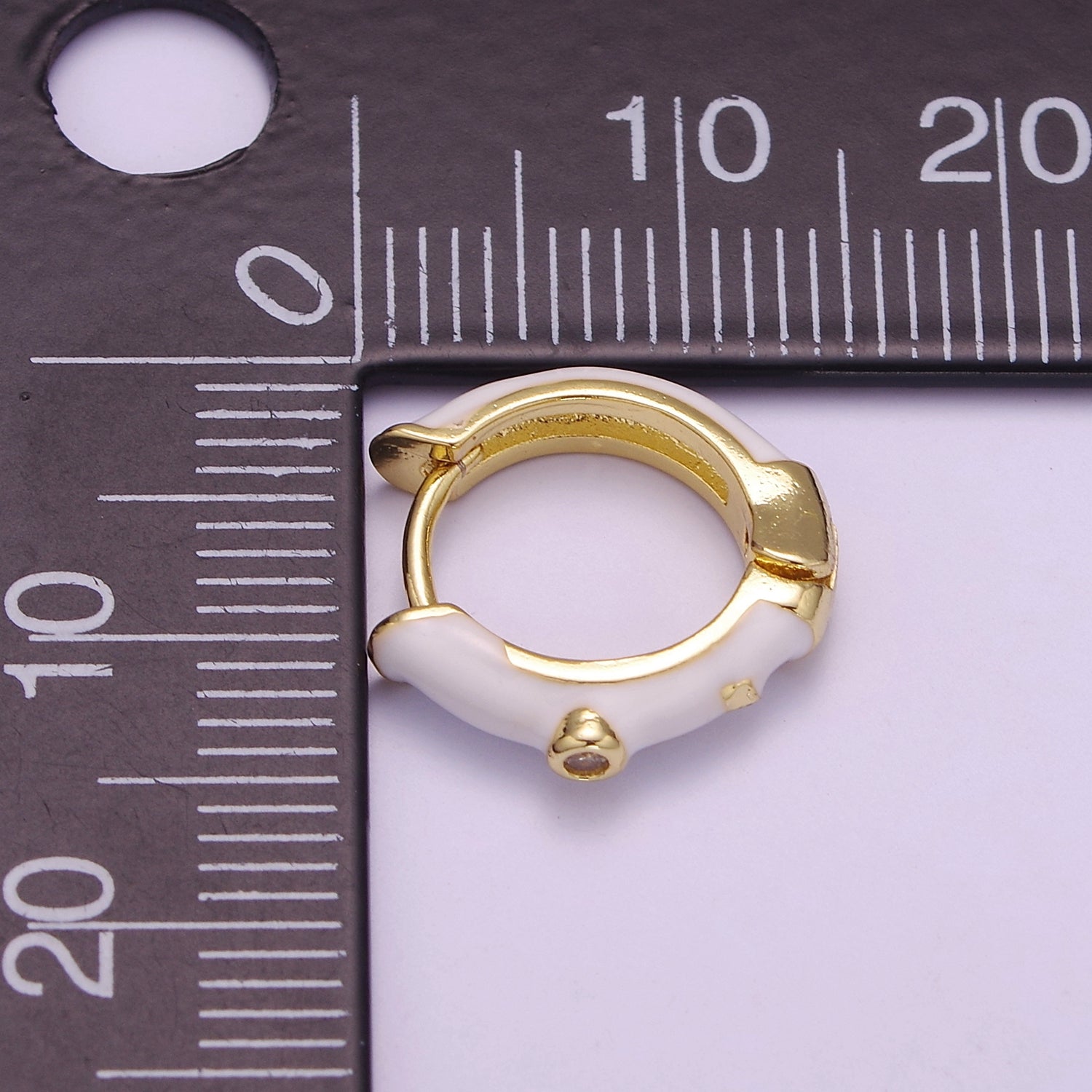 14mm Clear CZ Round White Enamel Geometric Huggie Earring | P102
