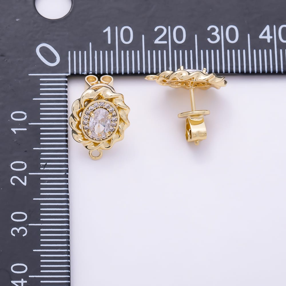 16K Gold Filled 15mm Clear Oval Micro Paved CZ Twisted Solitaire Loop Drop Stud Earring Findings | Findings-00193
