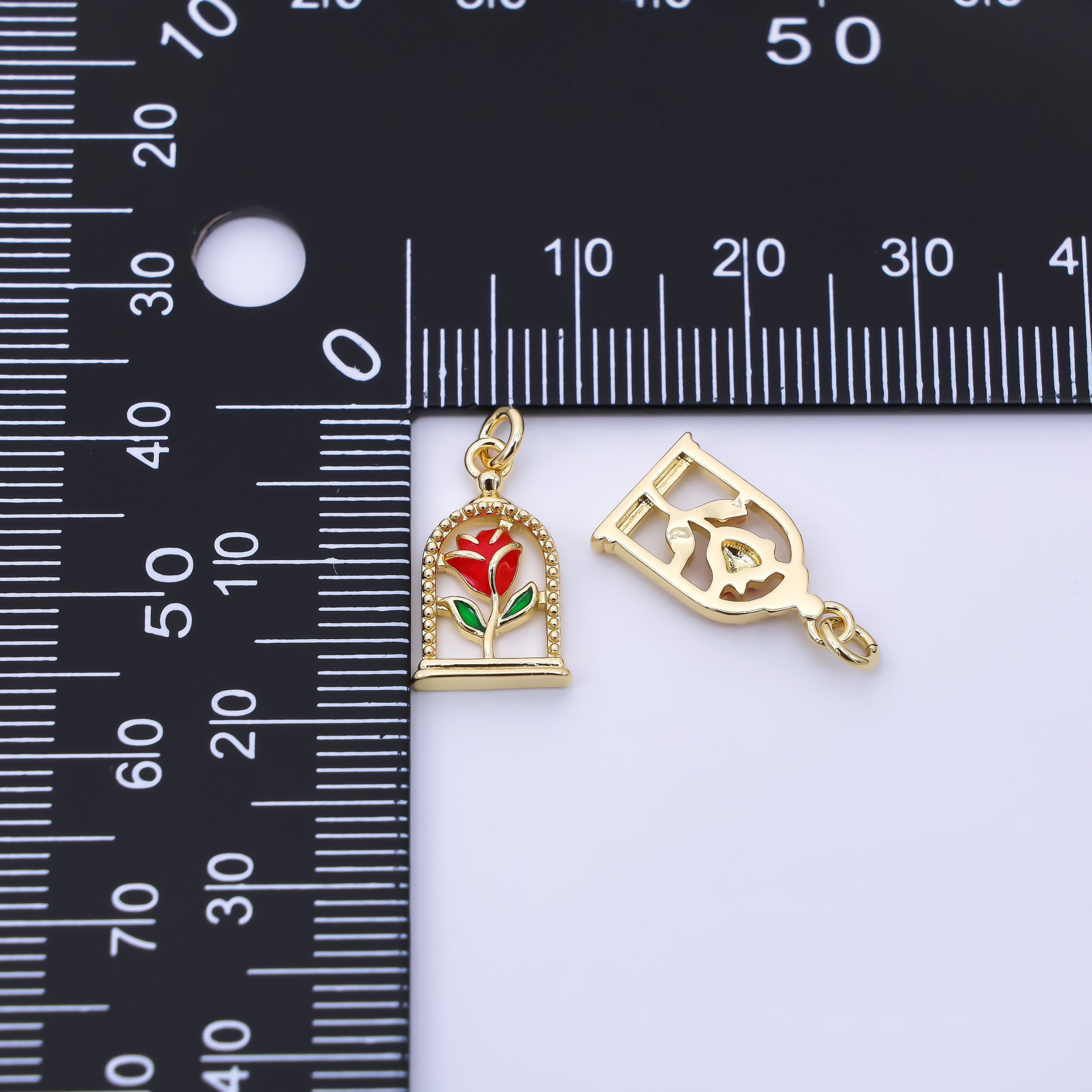 24K Gold Filled 16mm Hand-Painted Enamel Magical Enchanted Rose Flower Charm | AC1611
