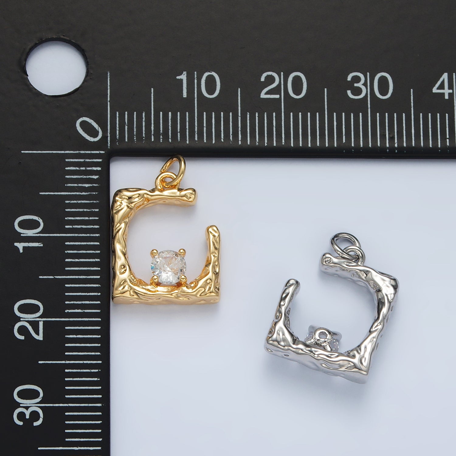 24K Gold Filled CZ Open Curved Square Hammered Charm in Gold & Silver | AG927