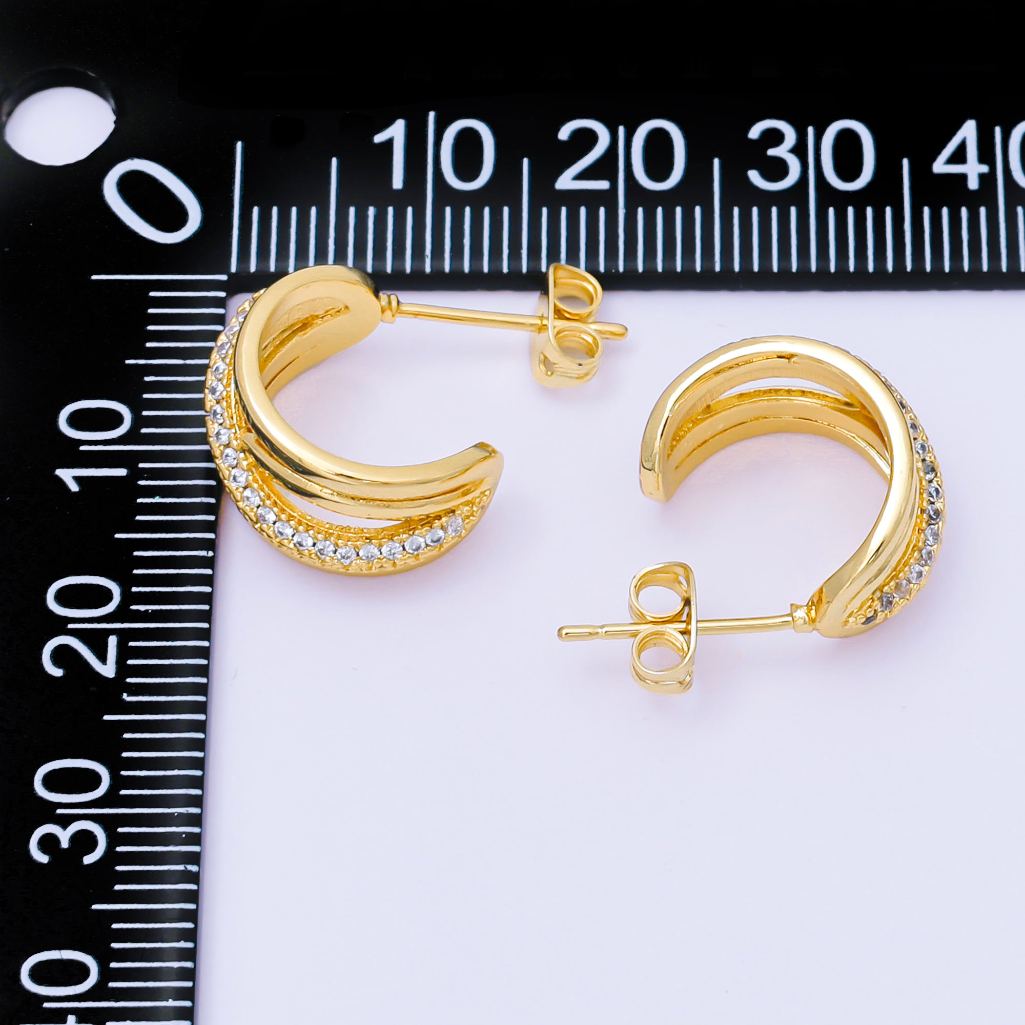 24K Gold Filled Micro Paved CZ Linear Textures C-Hoops Earrings | AB1564