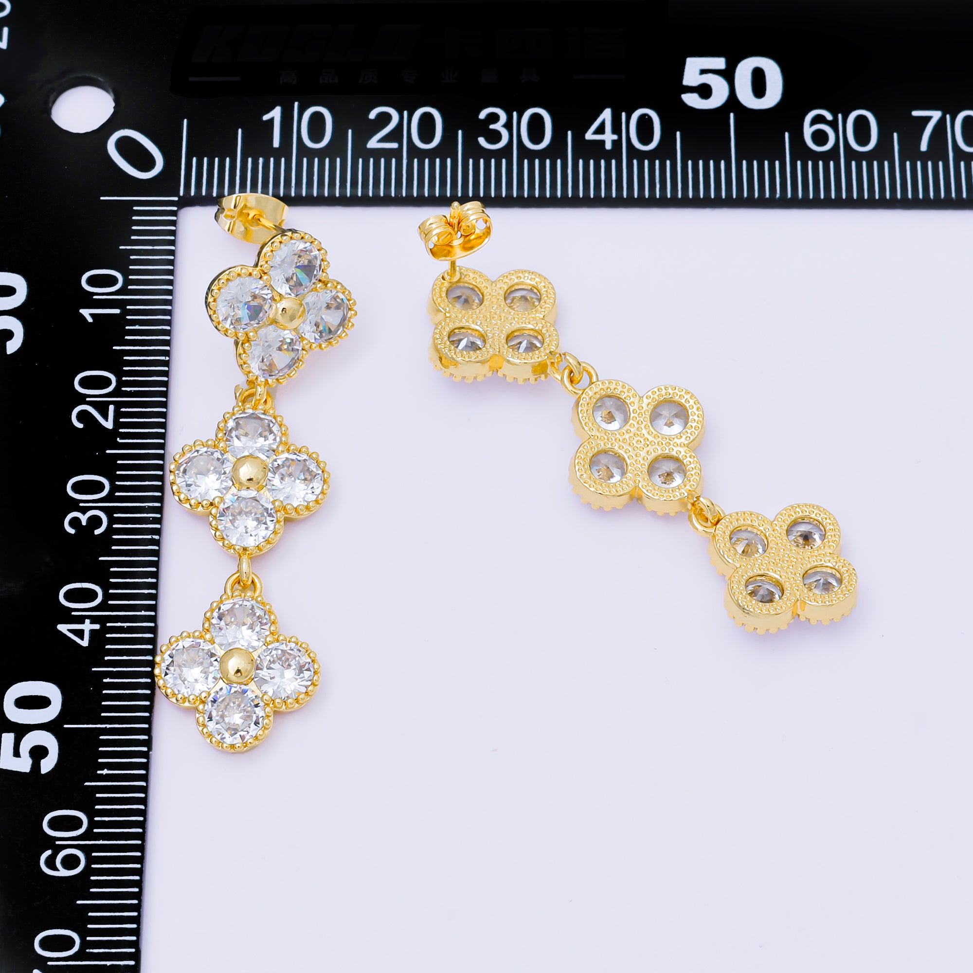 24K Gold Filled Triple-Row Clover Leaf Micro Paved CZ Drop Studs Earrings | AB1566