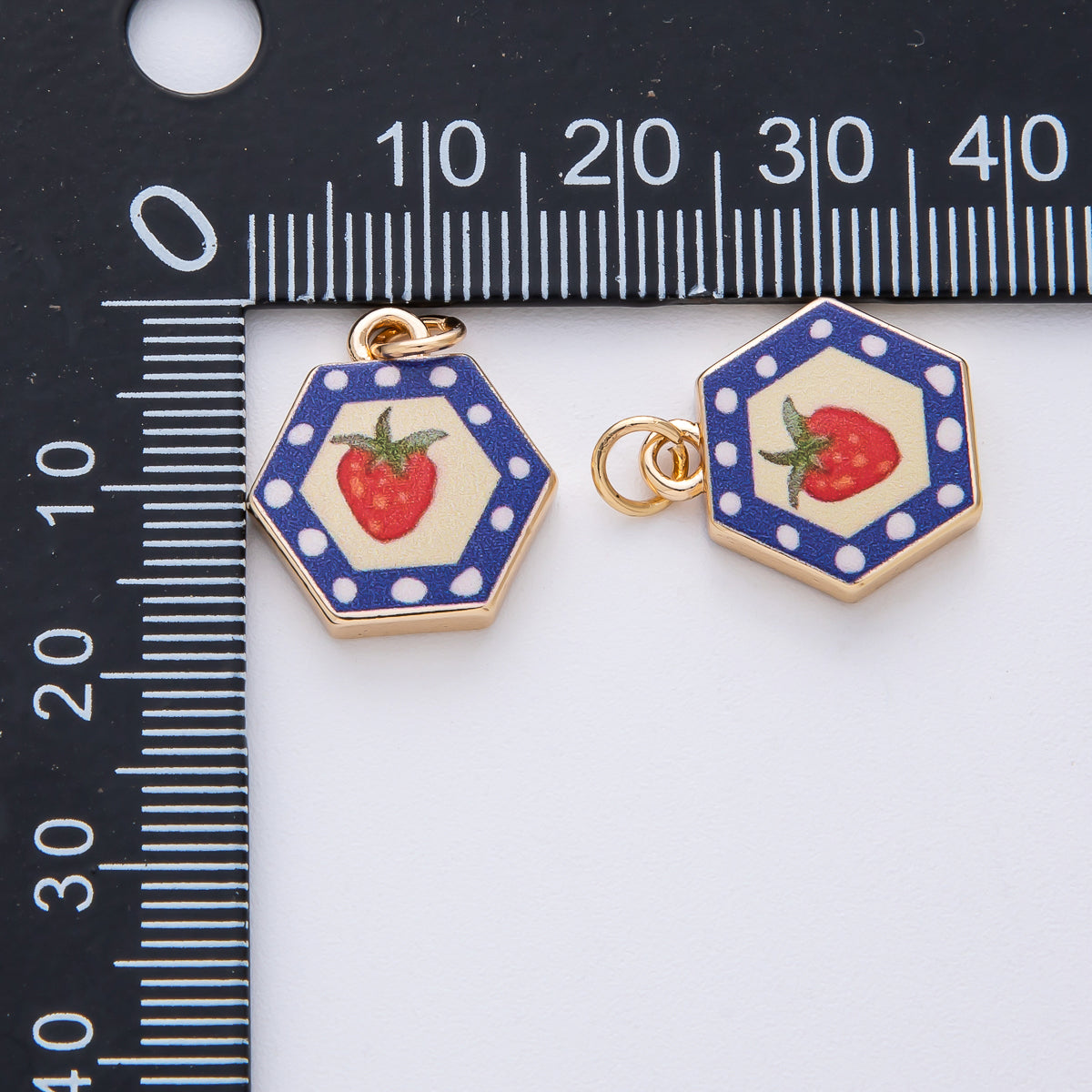 18K Gold Filled 17.5mm Strawberry Fruit Blue Hexagon Charm | AF1603