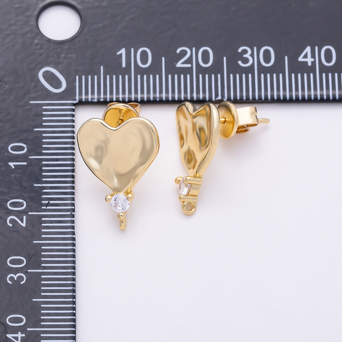 16K Gold Filled 18mm Clear CZ Hammered Heart Drop Stud Earring Findings | Findings-00509