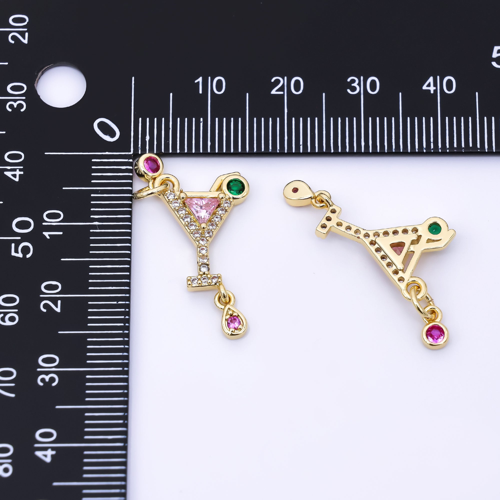 24K Gold Filled 18.5mm Pink, Green, & Fuchsia CZ Cocktail Drink Charm | AC1605