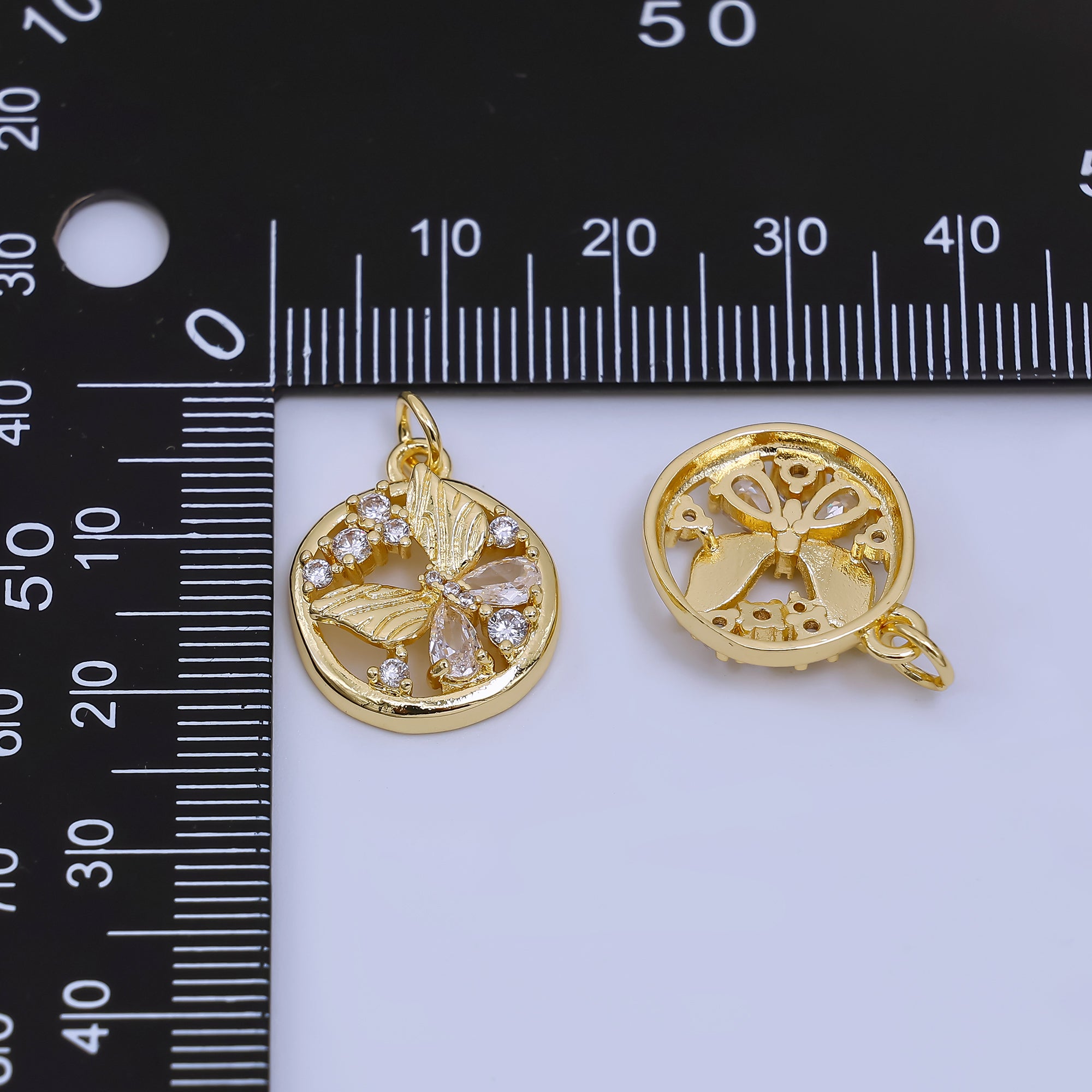 24K Gold Filled Clear CZ Cluster Butterfly Mariposa Open Round Charm | AC1600