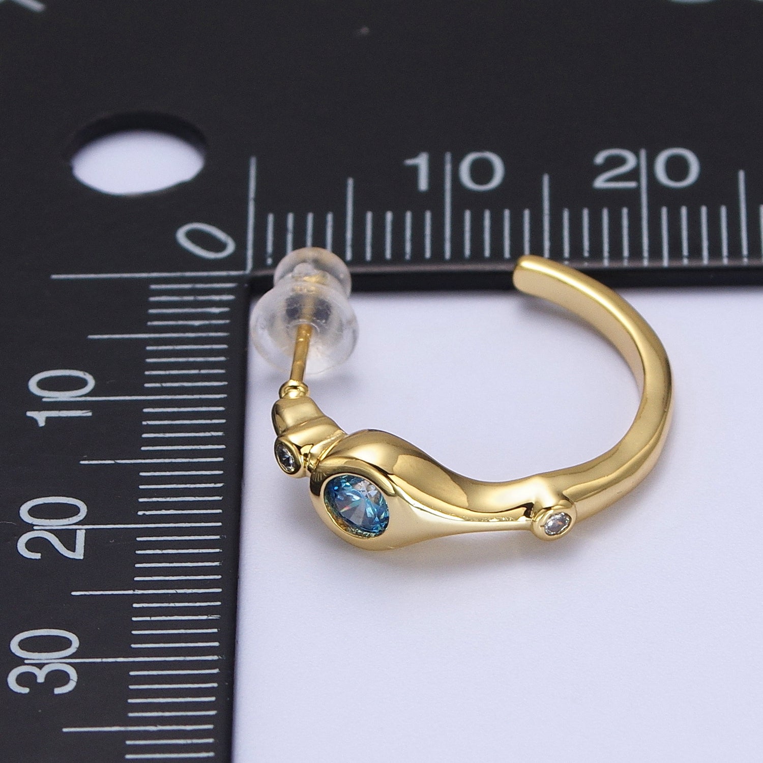 Gold Geometric Blue CZ Round Mini 20mm C-Shaped Hoops Earrings | AD199
