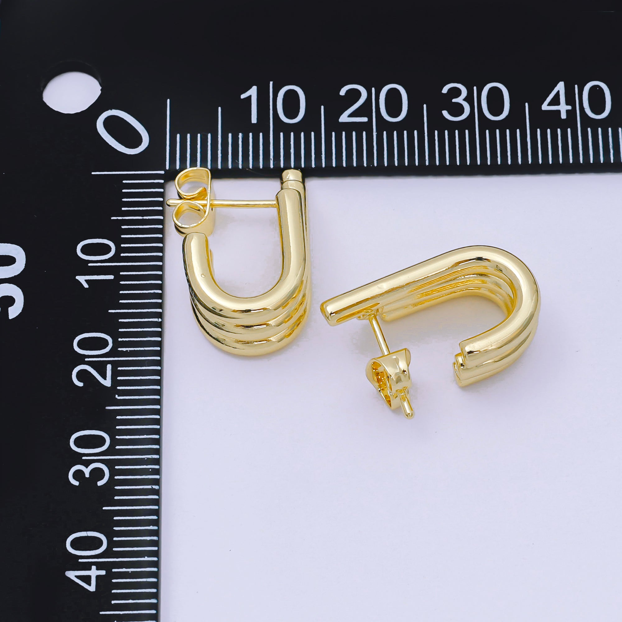 24K Gold Filled Ribbed Triple Linear Modern Shaped Hoop Earrings | AJ130