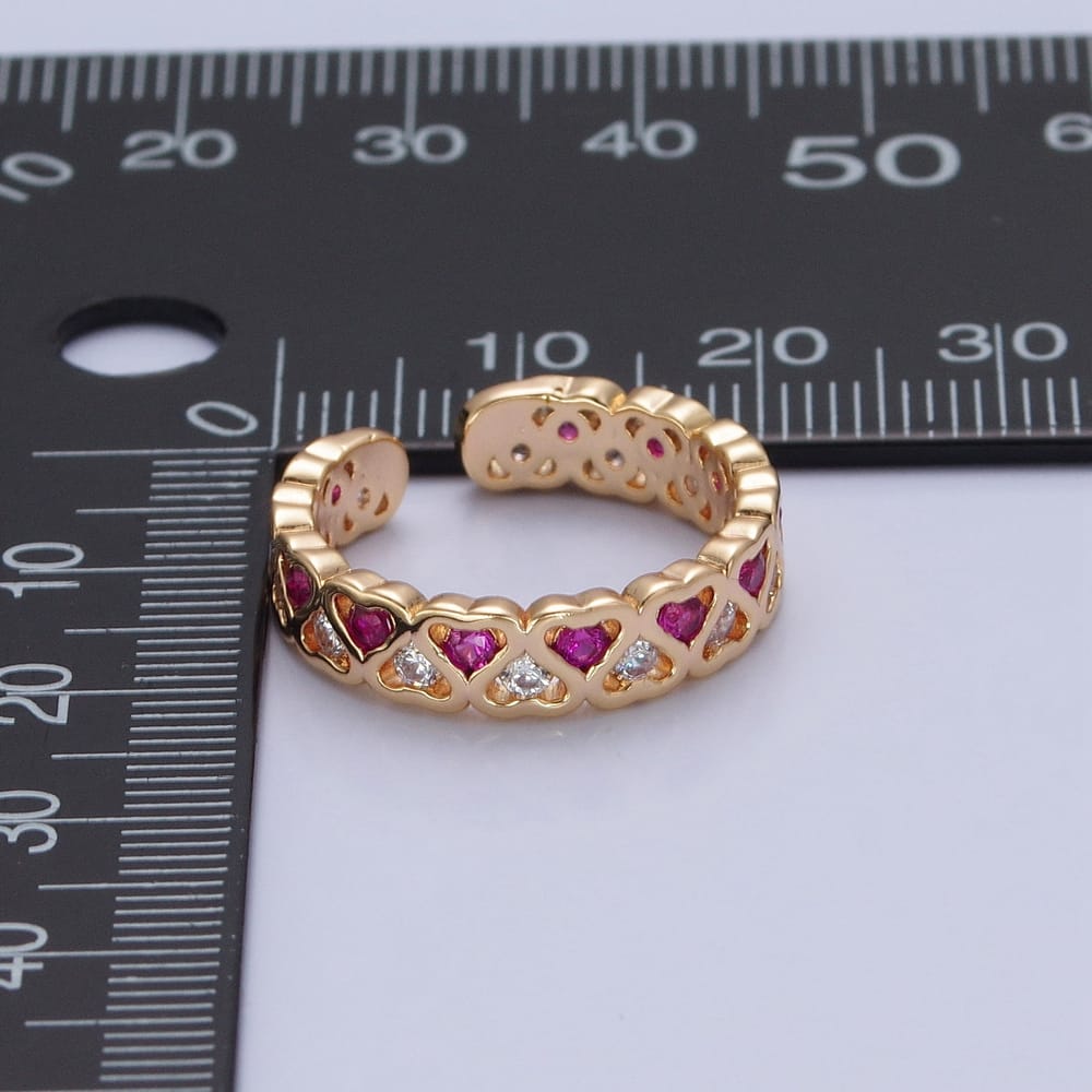 16K Gold Filled Green, Pink CZ Heart Inverted Lined Ring | O735 O736
