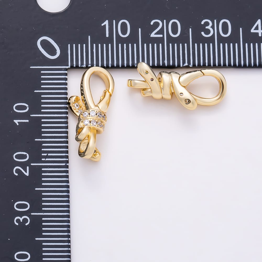 16K Gold Filled 19mm Micro Paved CZ Ribbon Knot Push Triggerless Lobster Clasps in Gold & Silver | Findings-00675 Findings-00676