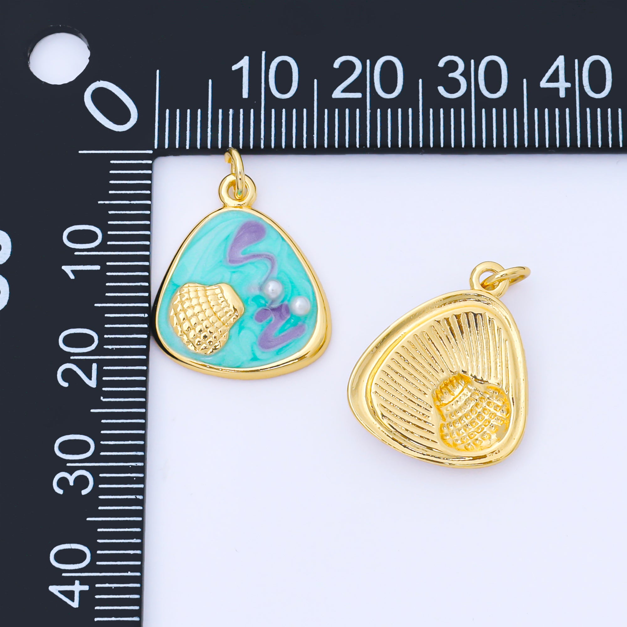 24K Gold Filled 20mm Handpainted Teal, White, Purple Enamel Clam Shell Medallion Charm | AF1544 AF1545