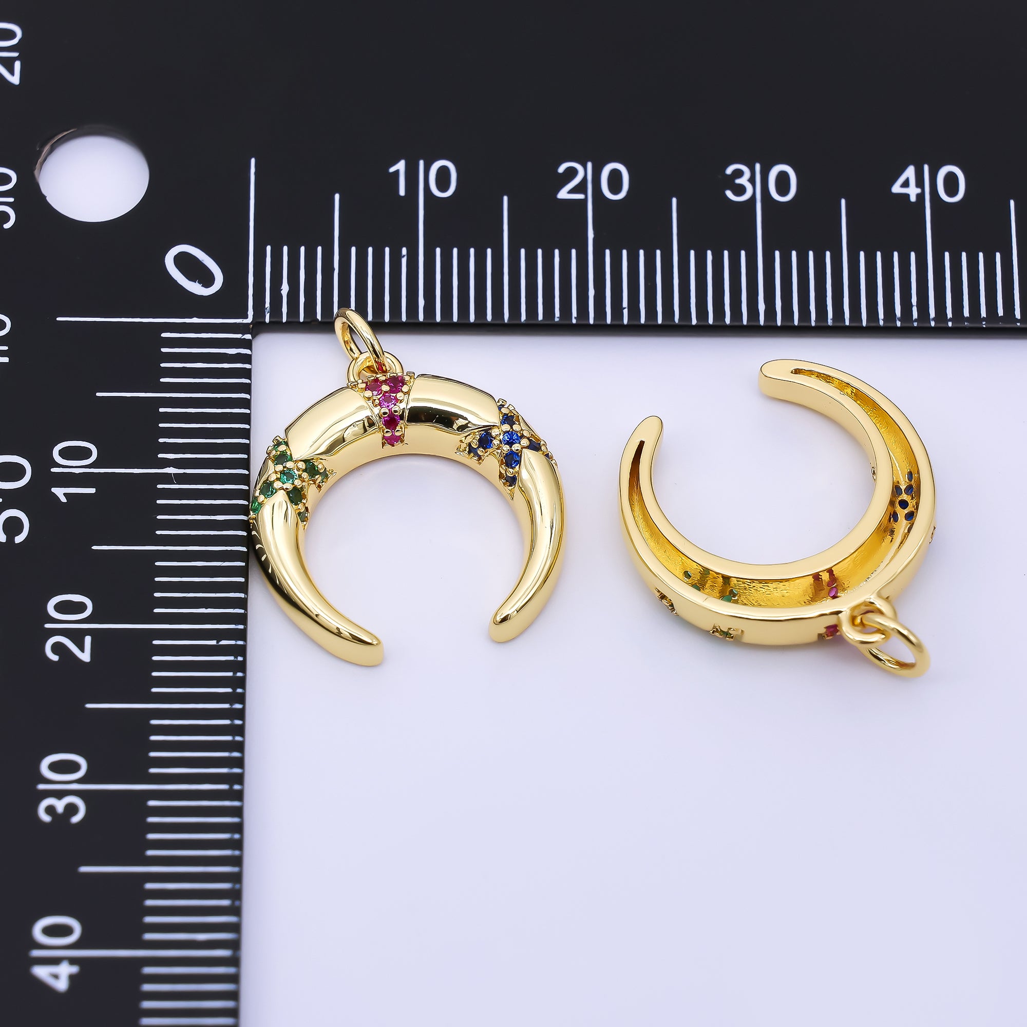 24K Gold Filled 20mm Green, Fuchsia, & Blue Micro Paved CZ Crescent Moon Charm | AC1610