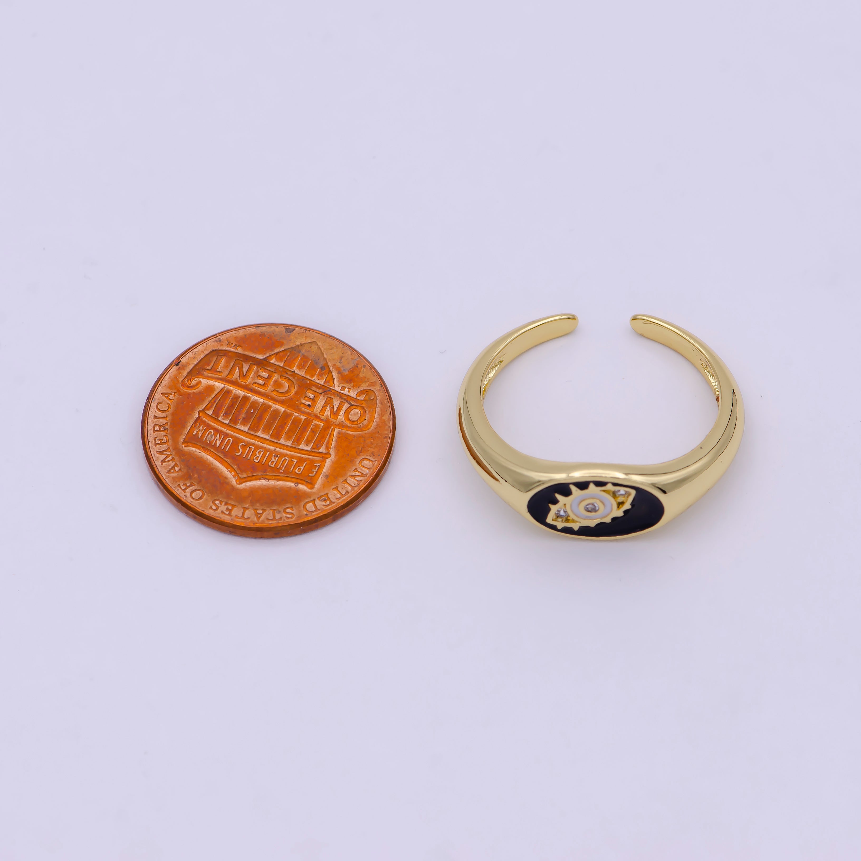 24K Gold Filled Blue, White, Black Enamel CZ Evil Eye Signet Ring | U401 - U403