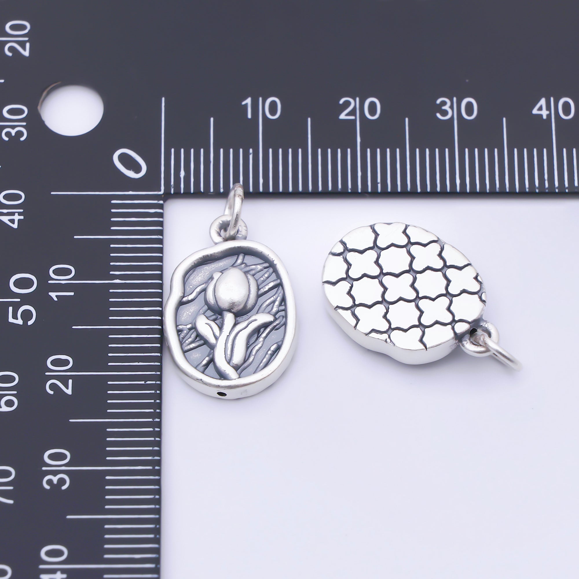 S925 Sterling Silver 20mm Rose Flower Textured Oval Charm | SL-703