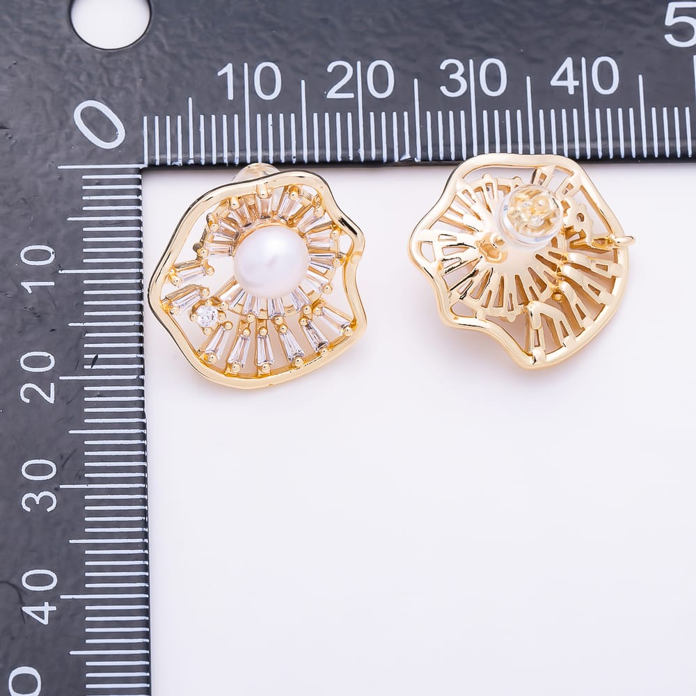 16K Gold Filled 20mm Shell Pearl Clear Baguette CZ Irregular Organic Flower Stud Earring | Findings-00585