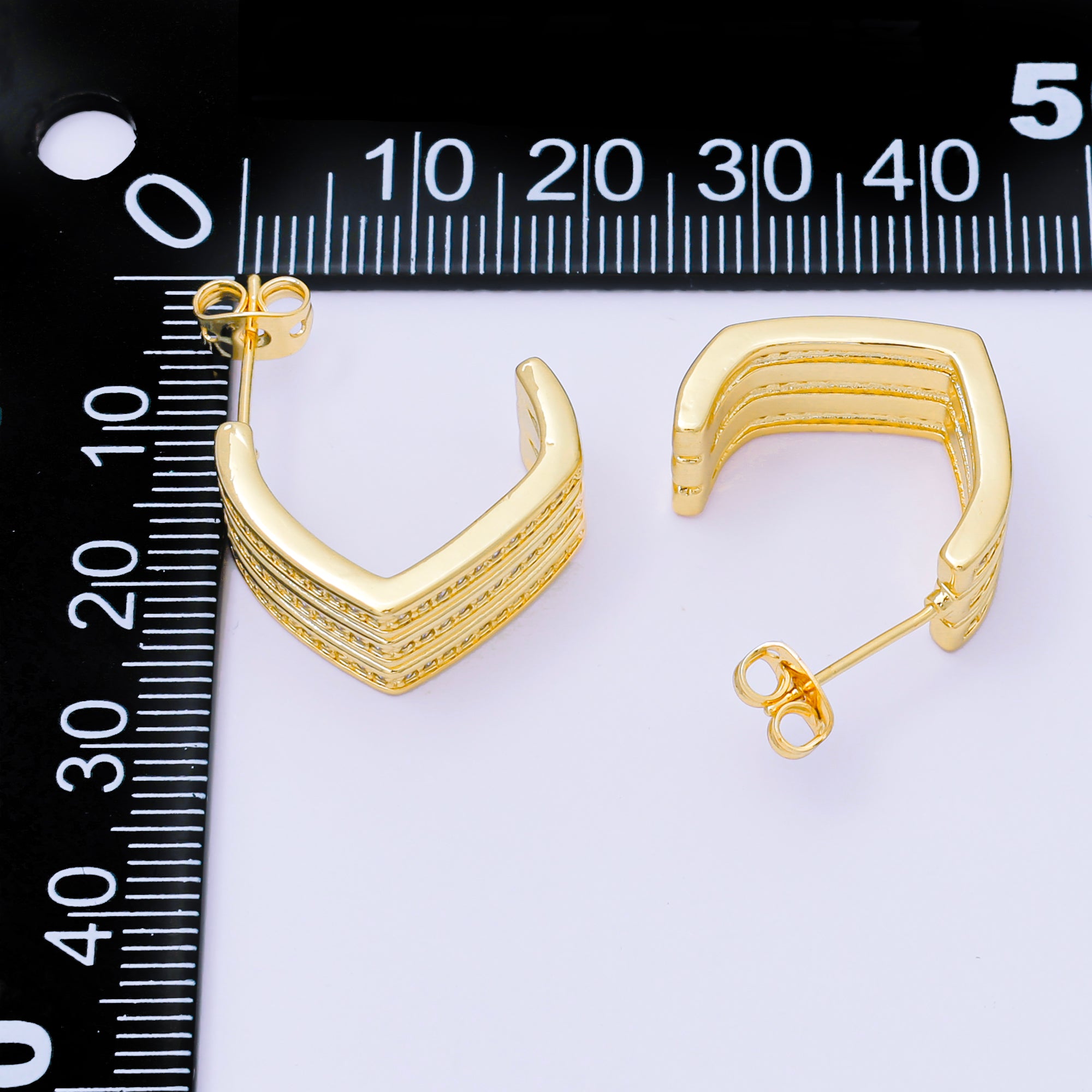 24K Gold Filled Triple Layered Micro Paved CZ Sharp Textures C-Hoops Earrings | AB1562