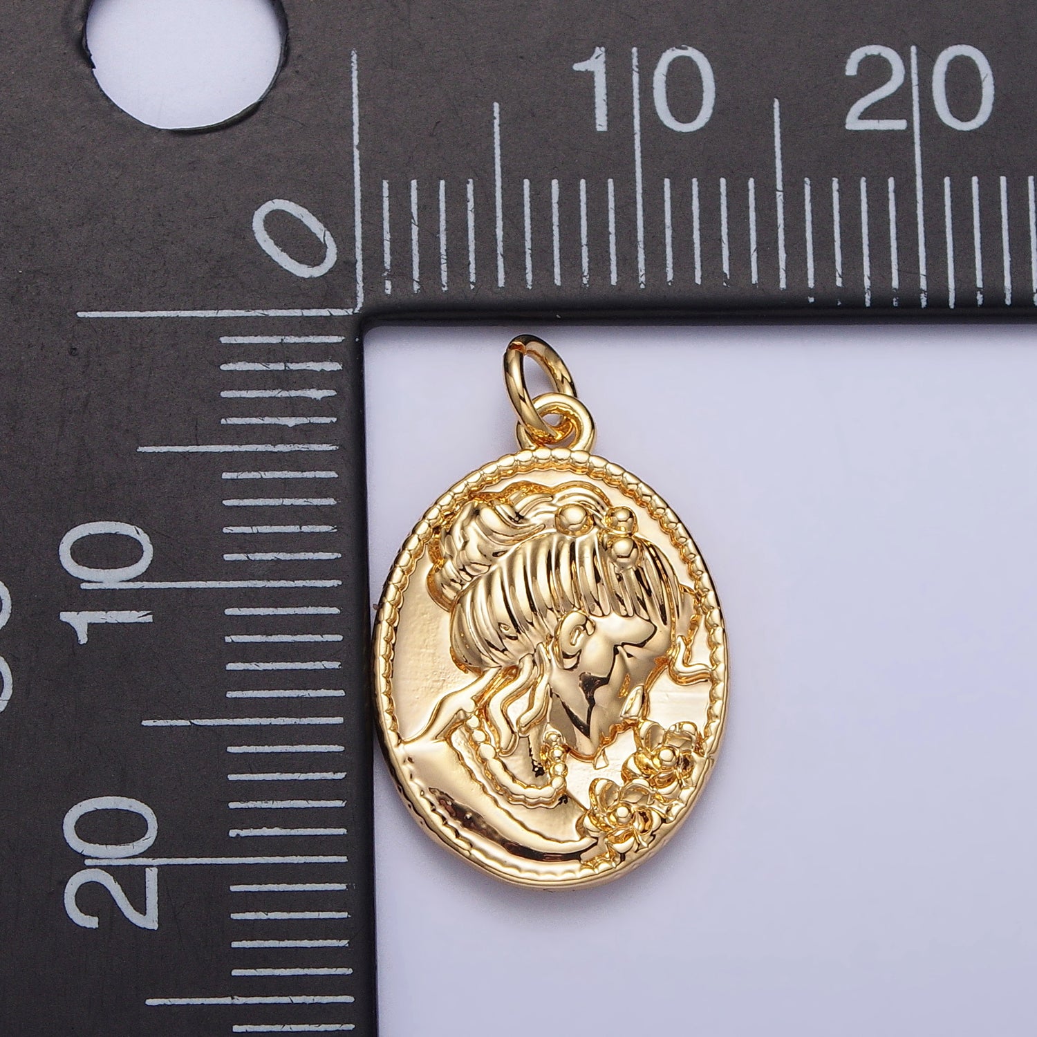 16K Gold Filled Double Sided Portrait of Victorian Lady Flower Pearl Cameo Oval Charm in Gold & Silver | AC299 AC300