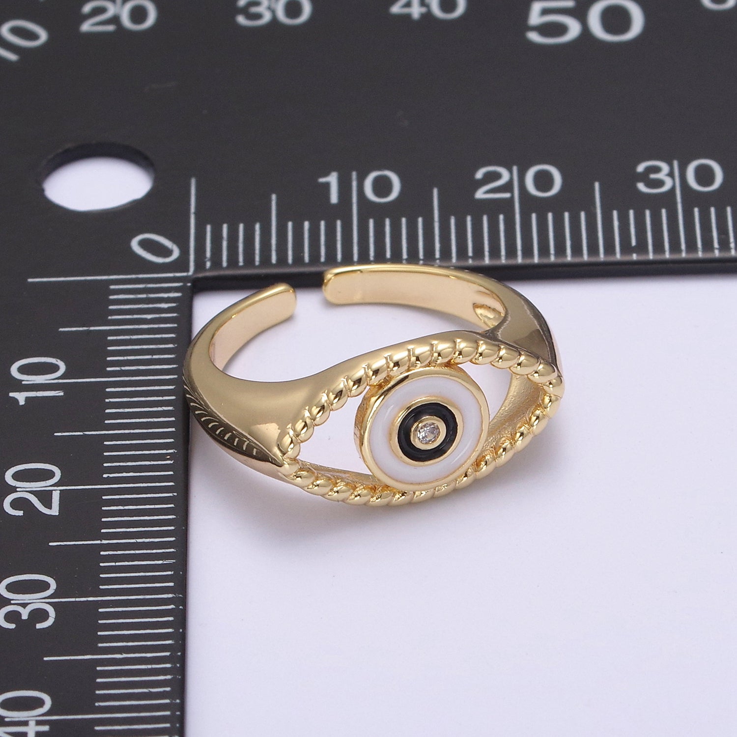 24K Gold Filled Blue, White, Black, Pink Enamel CZ Open Evil Eye Signet Ring | U254 - U257