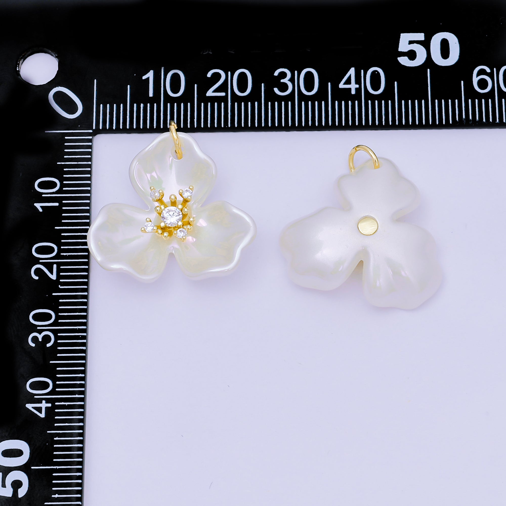 24K Gold Filled 22mm Round CZ Acrylic Art White Orchid Bloom Flower Charm | N-151