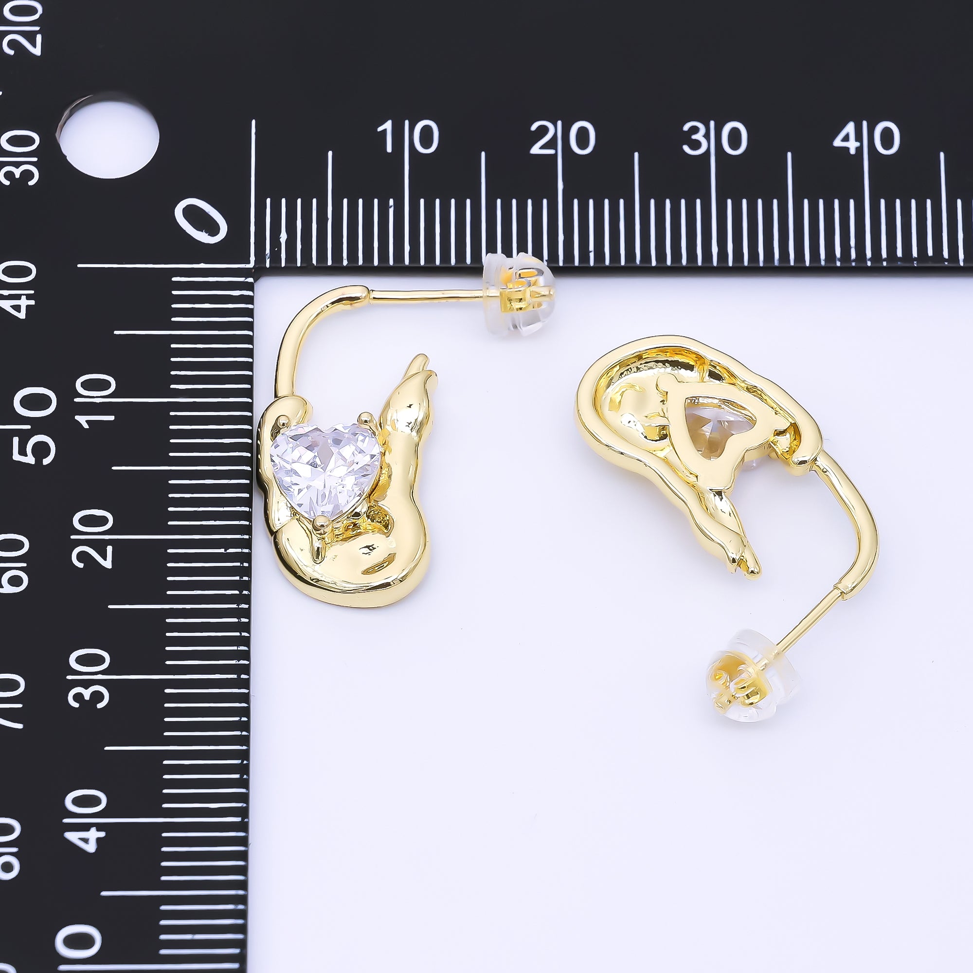 24K Gold Filled 25mm Clear CZ Heart Molten J-Shaped Hoop Earrings | AI448